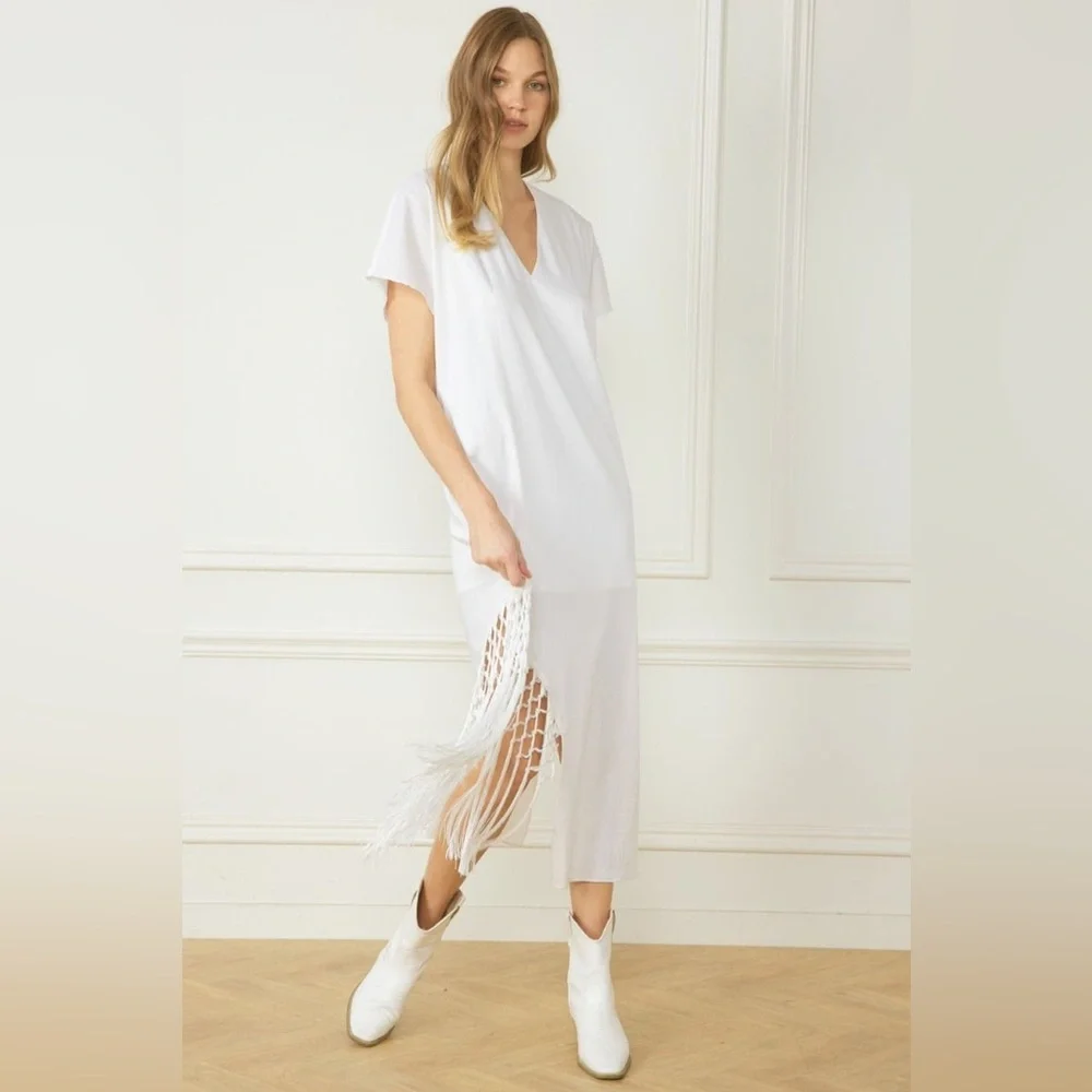 Entro V-neck short sleeve midi dress featuring braided fringe detail - Picture 5 of 7